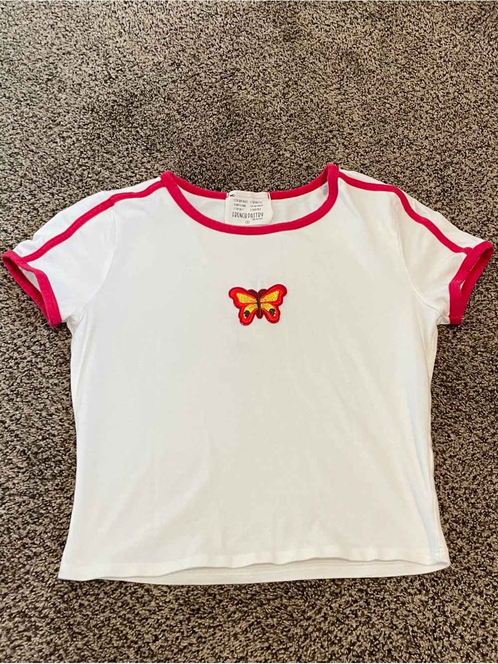 French Pastry White Tee with Pink Trim & Butterfly Patch
